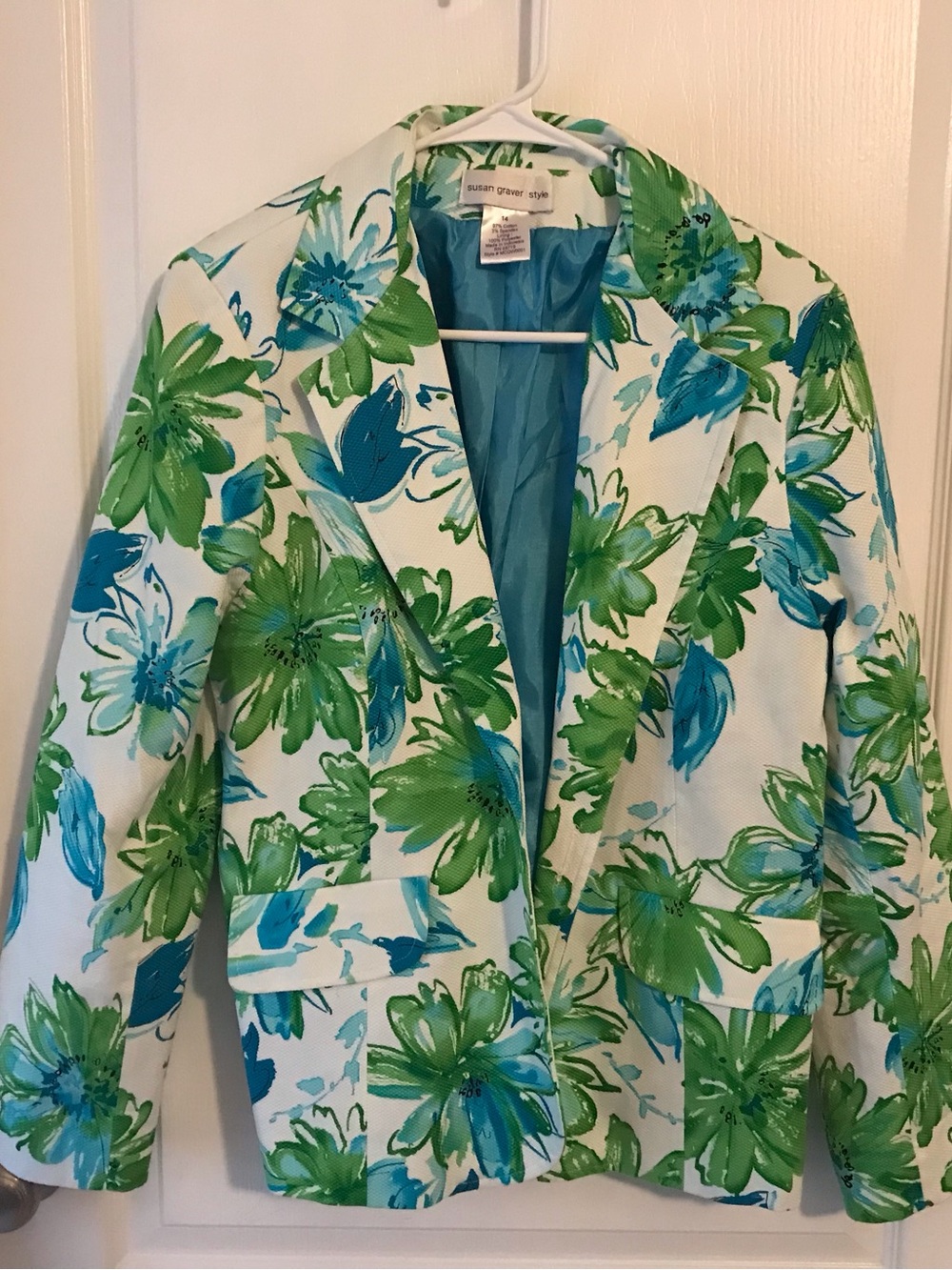 Susan Graver Floral Jacket in Blue & Green on White, Sz US 14